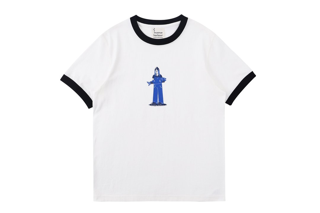 Incense Harbour 复古撞色领手工丝印 捕鱼女孩 无缝白T-shirt T - 中性连帽卫衣/T 恤 - 棉．麻 白色