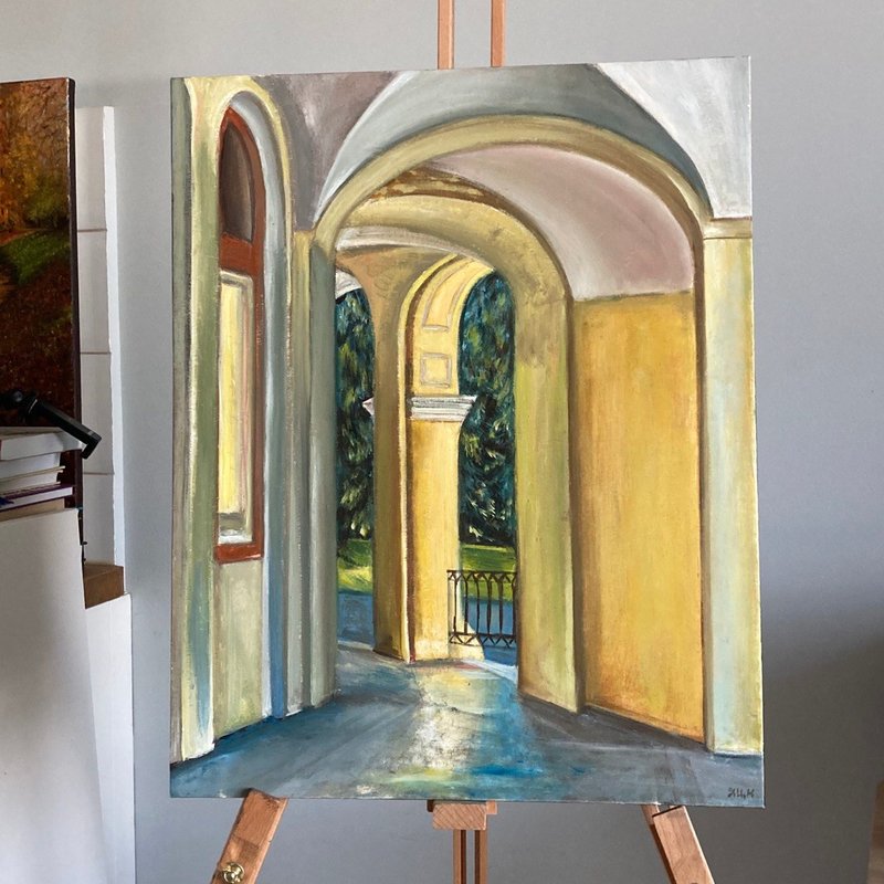 原创油画、城市景观艺术、布面山水画、黄色拱门 - 海报/装饰画/版画 - 棉．麻 黄色