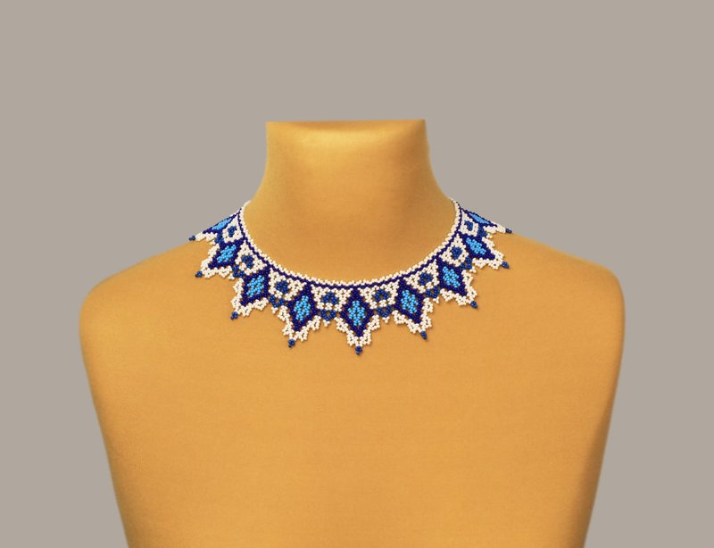 蓝白串珠项链 - 项链 - 玻璃 蓝色