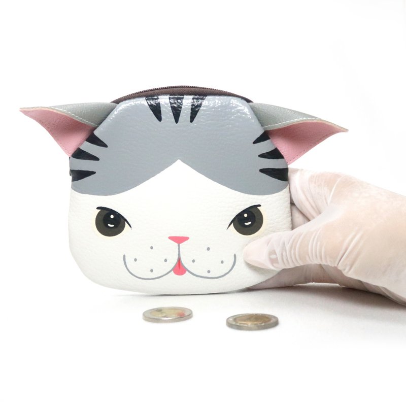 【雙11折扣】Gray and White Cat coin purse ,small wallet bag with zip.various card poc - 零钱包 - 人造皮革 白色
