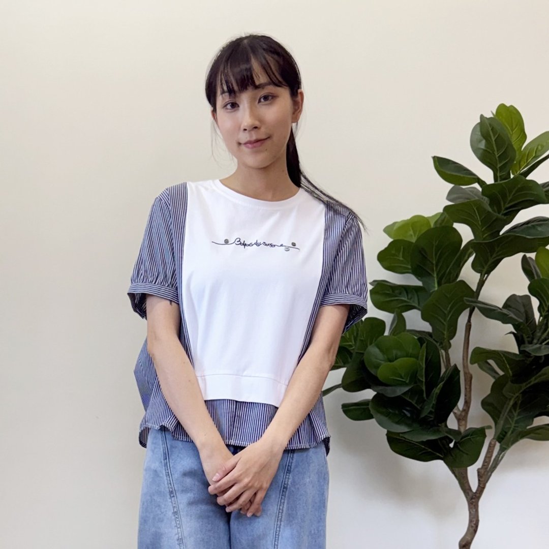 字母印花条纹钮扣拼接上衣 - 女装上衣 - 其他材质 