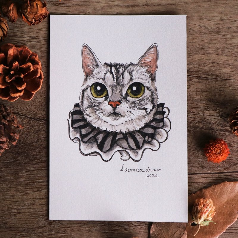水彩插画原画稿 猫咪头像 4X6 6寸 4001 银虎斑与拉夫领 - 海报/装饰画/版画 - 纸 