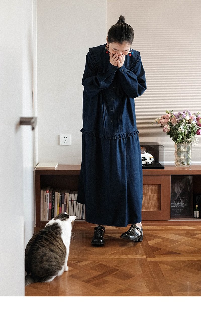 复古民族风 娃娃领宽松牛仔文艺长袖衬衫连衣裙洋裝 - 洋装/连衣裙 - 其他材质 