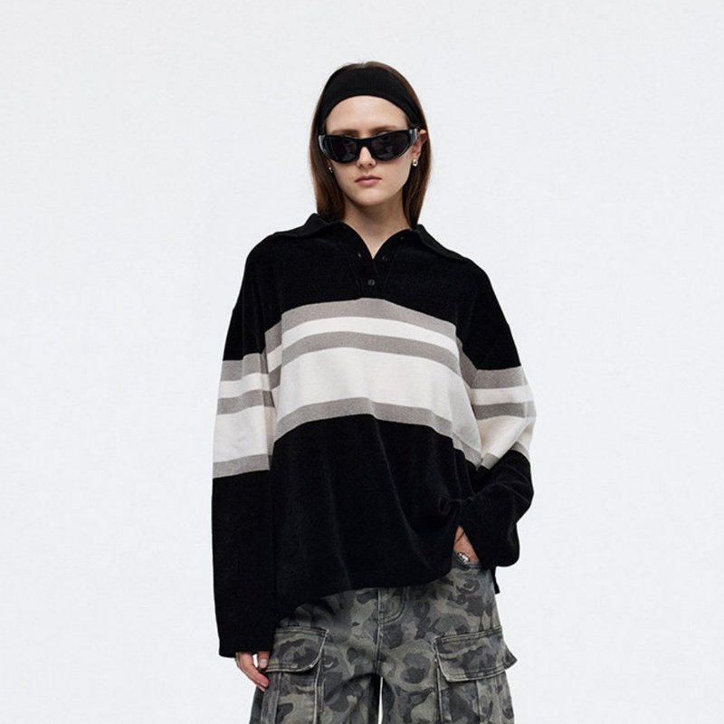 黑色 絲絨光澤質柔軟細膩百搭上衣 寬松粗條紋拼色長袖翻領Polo衫 - 女装针织衫/毛衣 - 聚酯纤维 黑色