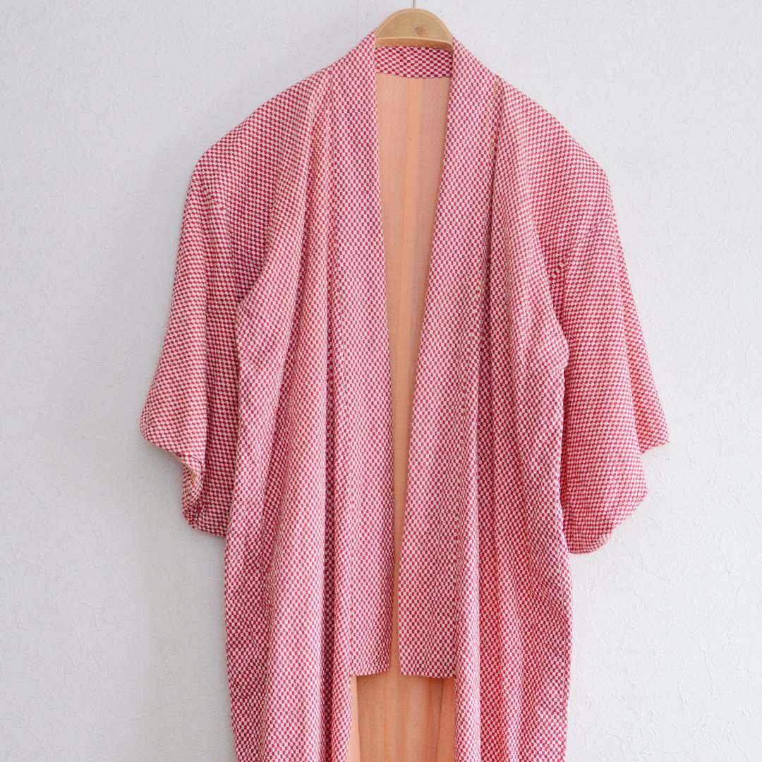 格子图案和服格子长衣服日本复古旧衣服旧布翻拍材料昭和 - 女装西装外套/风衣 - 棉 红色