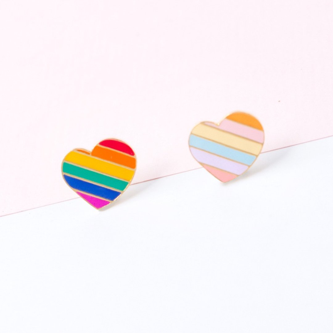 彩虹 Rainbow 爱心 - 耳环/耳夹 - 铜/黄铜 多色