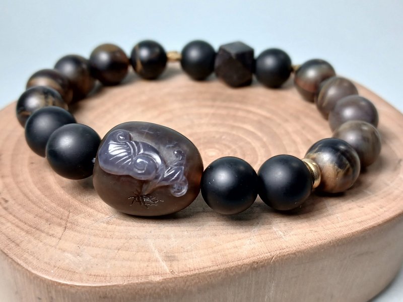 珠串雕刻手链 - 如意 台湾雪花玉+黑曜石+紫檀/雾面 - 手链/手环 - 玉石 紫色