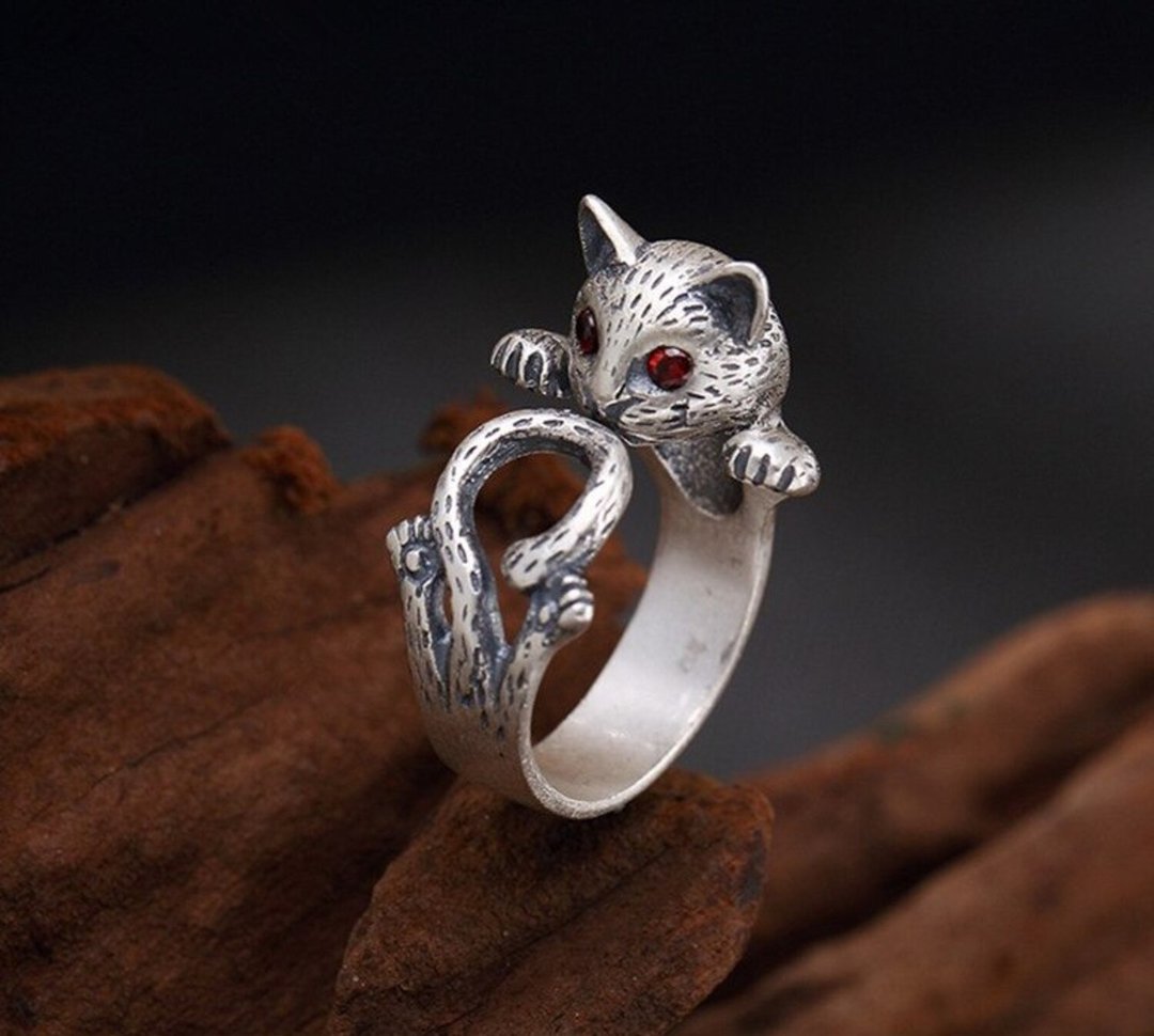 Real 990 Silver Fine Jewelry Handmade Engrave Girls Lovely Cat Opening Finger - 戒指 - 纯银 银色