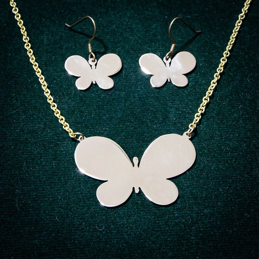 Butterfly Set Necklace+Earring - 项链 - 铜/黄铜 银色