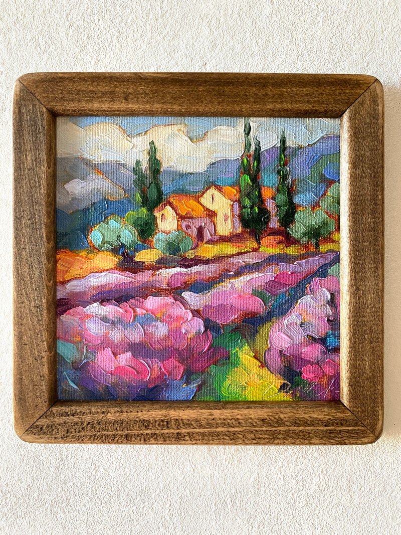 薰衣草田绘画托斯卡纳原创艺术风景油画厚涂小幅艺术品 8x8 托斯 - 墙贴/壁贴 - 木头 