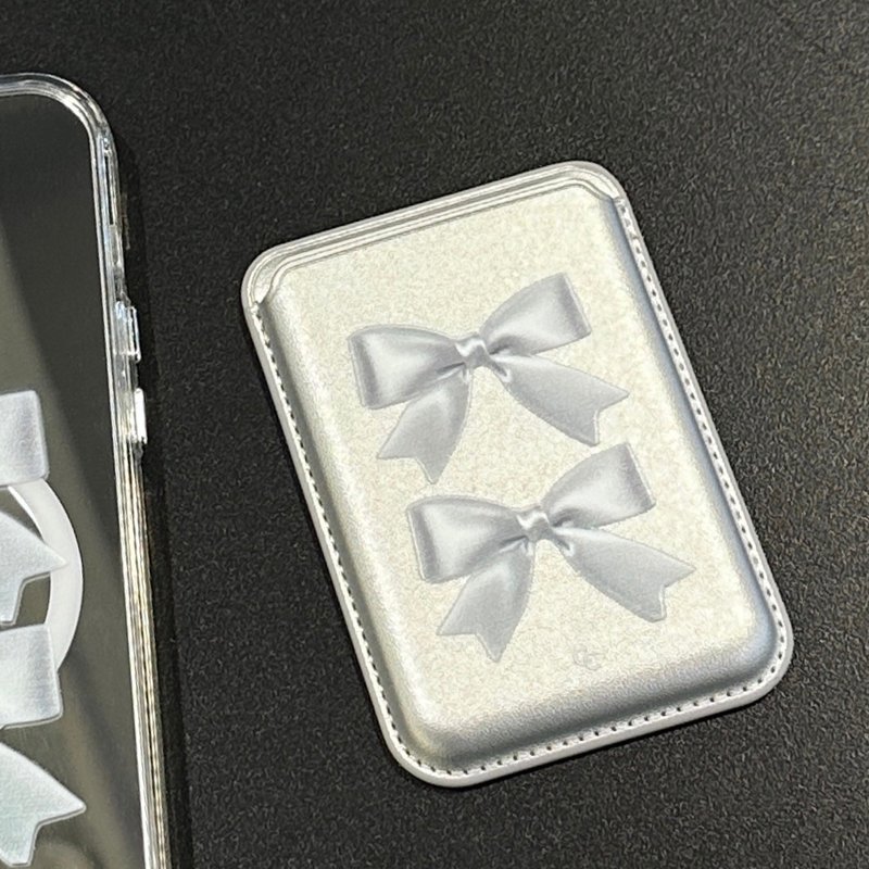 银色双蝴蝶结 MagSafe 超强磁吸皮革卡套 - 手机配件 - 人造皮革 银色