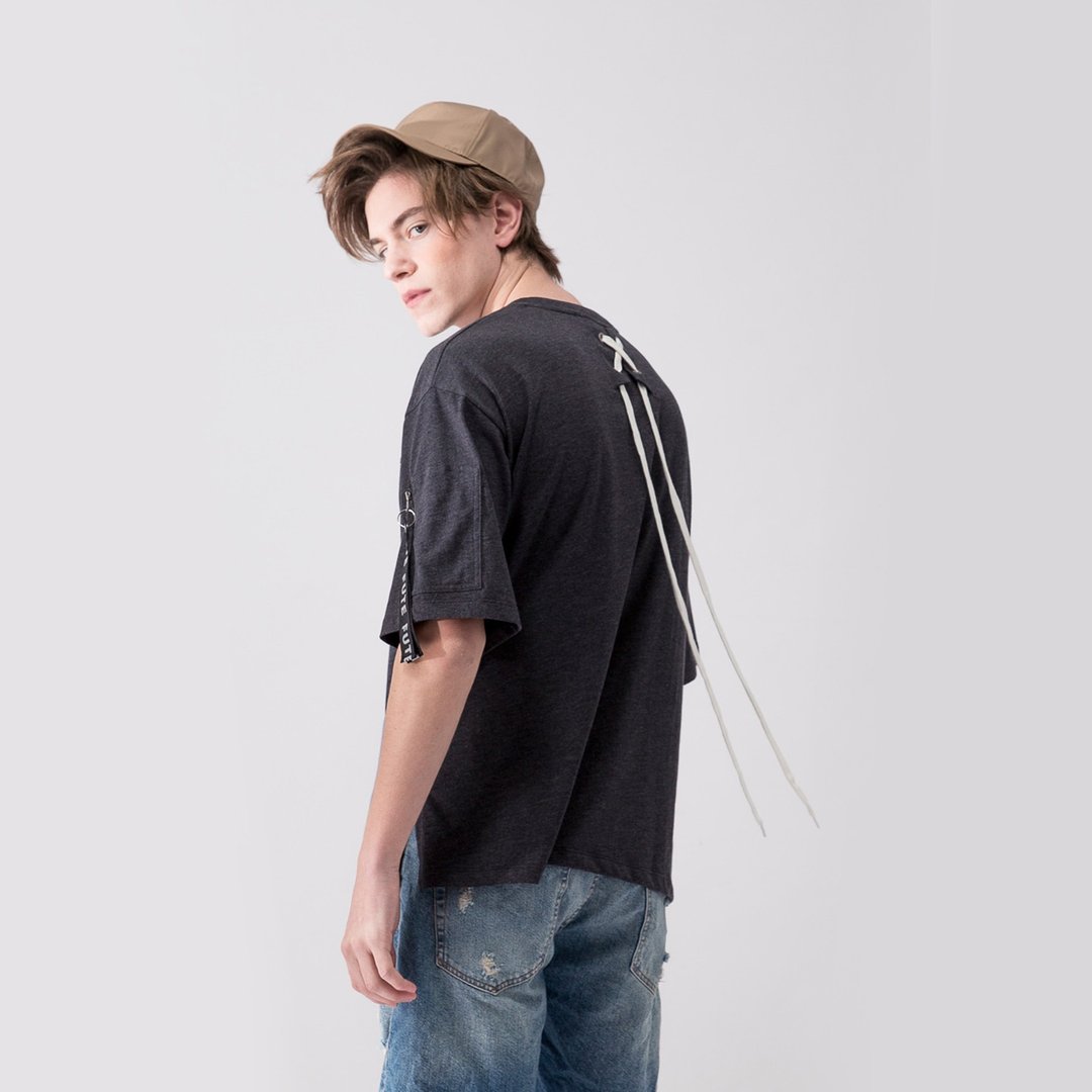 【中性款】 宽松落肩 背后绑带 短袖t-shirt / 黑麻灰 - 男装上衣/T 恤 - 棉．麻 灰色