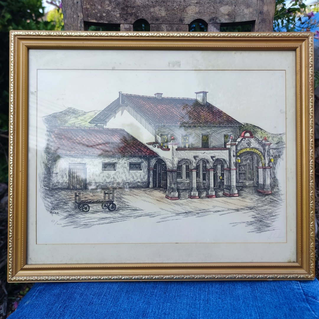 复古圣塔芭芭拉火车站 Sharon Ader 签名序号平版印刷 - 画框/相框 - 纸 