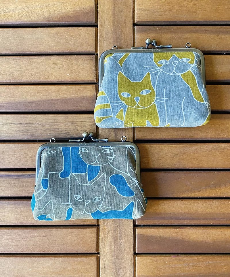 口金包 短夹  手拿包 钱包 腕包 亲子口金 短夹/猫咪 - 皮夹/钱包 - 棉．麻 蓝色