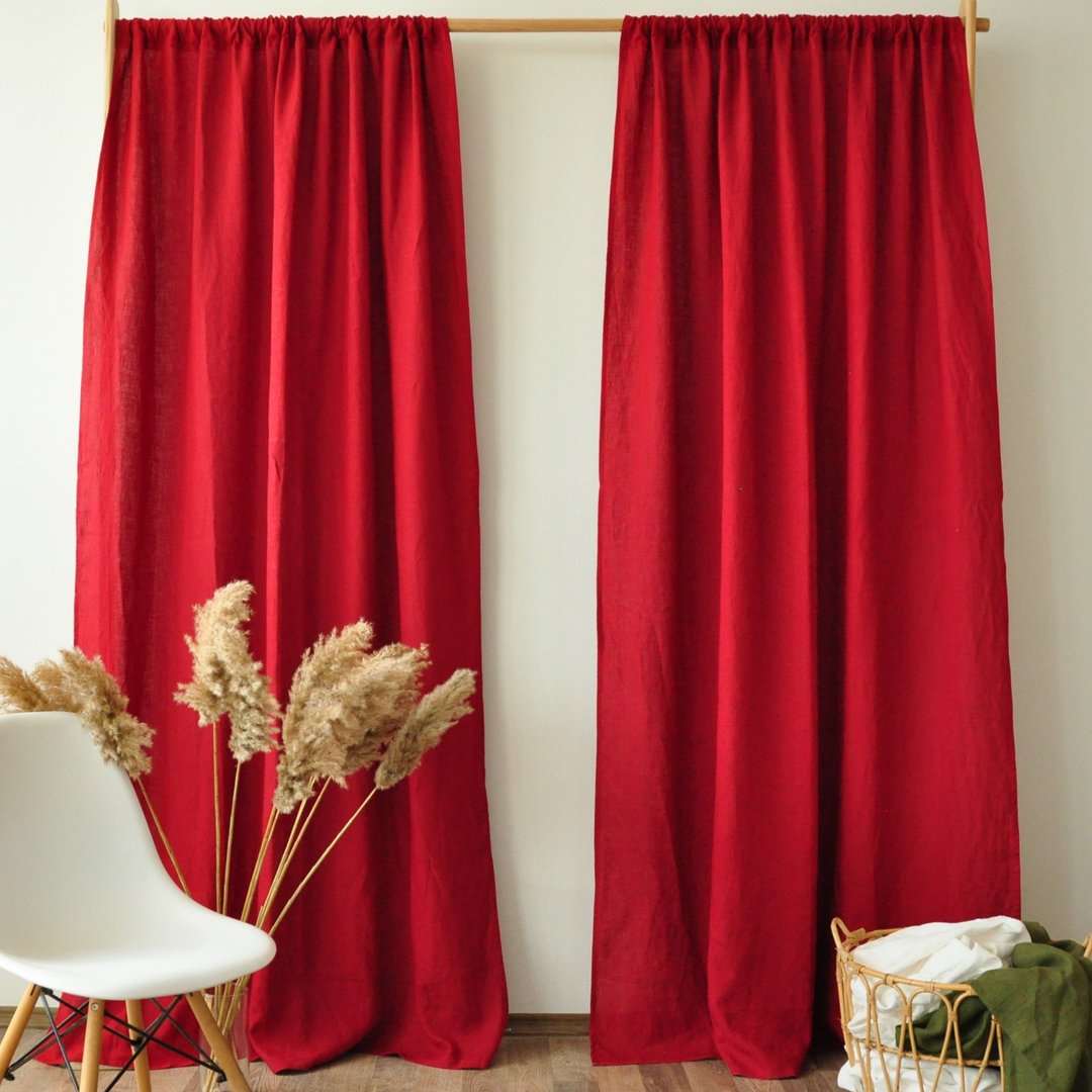Maroon regular and blackout linen curtains / Custom curtains / 2 panels - 门帘/门牌 - 亚麻 红色
