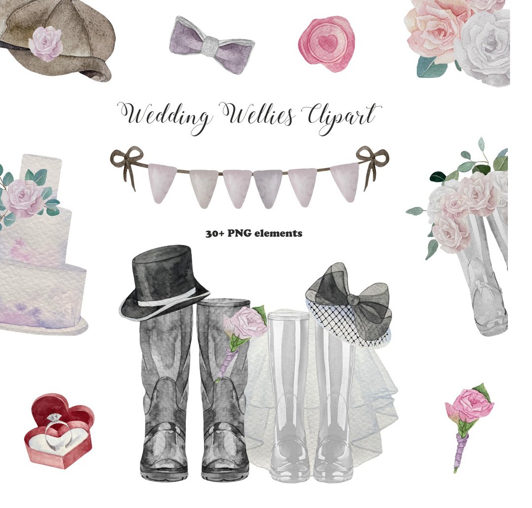 Watercolor wedding wellies clipart. Rain boots for personalised print - 插画/绘画/写字 - 其他材质 多色