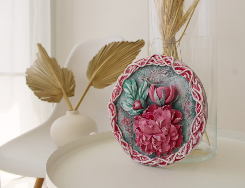 3d peony, original sculpture painting, small wall decor, tiny floral painting, - 墙贴/壁贴 - 其他材质 