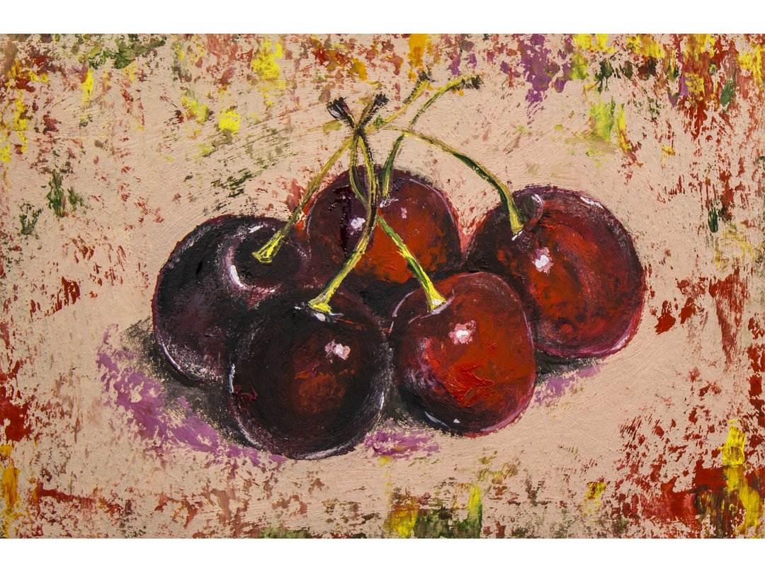 Cherry Painting Kitchen Still Life Original Art Berry Art Red Berry Oil Painting - 海报/装饰画/版画 - 其他材质 红色
