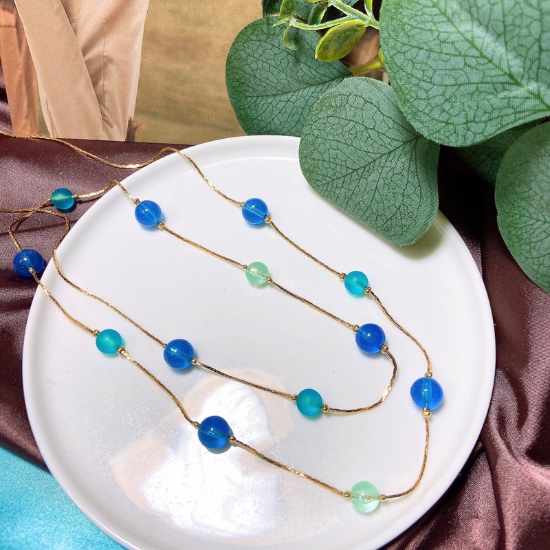 【西洋古董饰品】稀有美可爱彩球蓝绿珠 双层叠带 长项链 - 项链 - 贵金属 多色