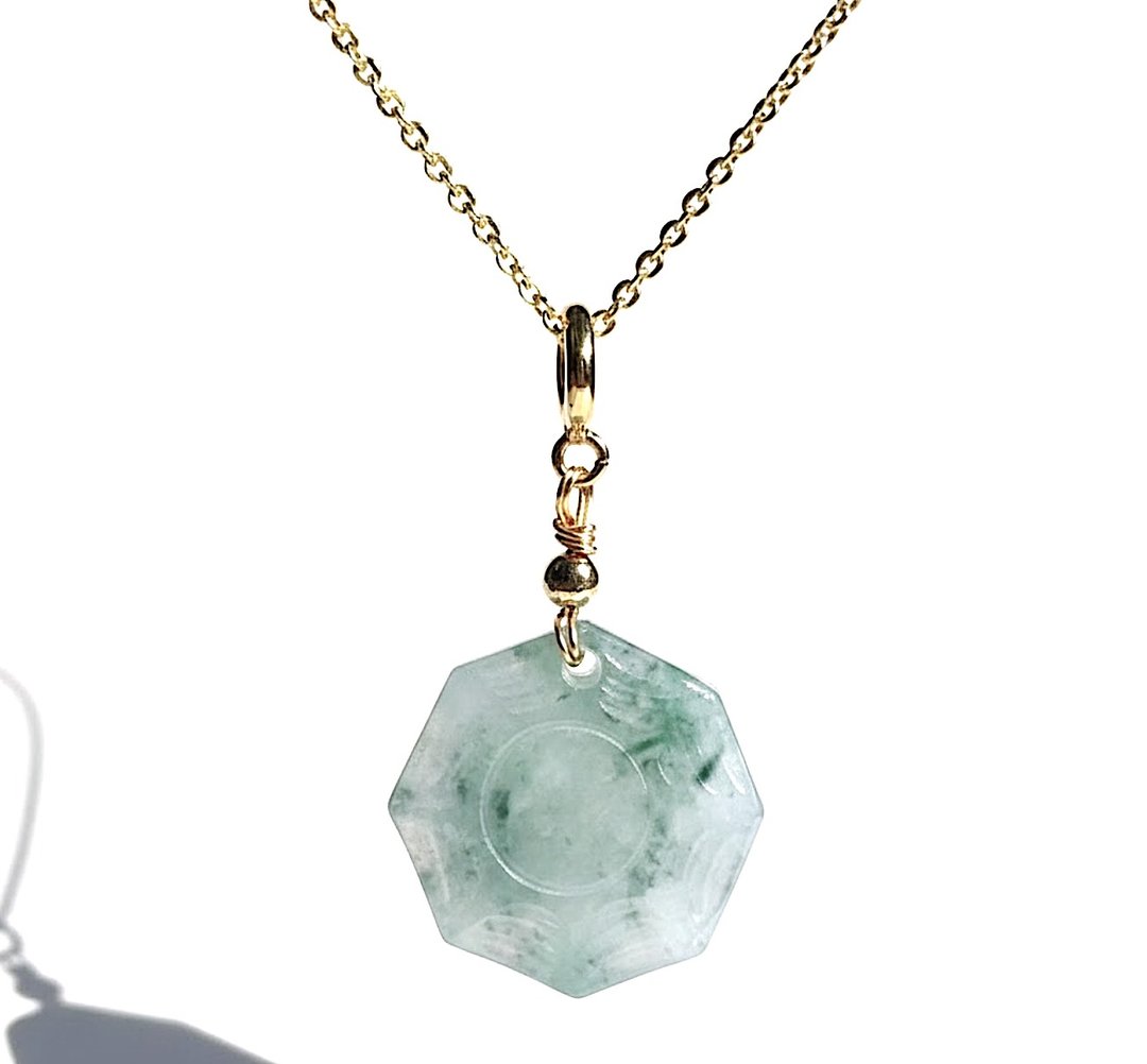 【挡煞·避邪】冰种飘花翡翠八卦项链 14K 包金  | 天然缅甸玉 A 货 - 项链 - 玉石 透明