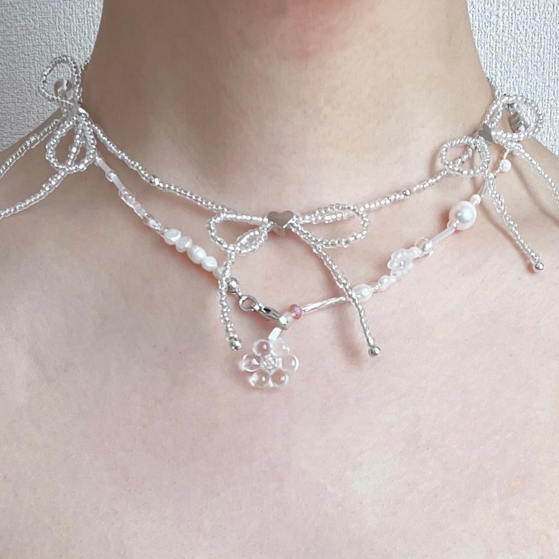 串珠 项链 蝴蝶结 珍珠 银色 闪耀串珠与爱心蝴蝶结项链 - 项链 - 其他材质 