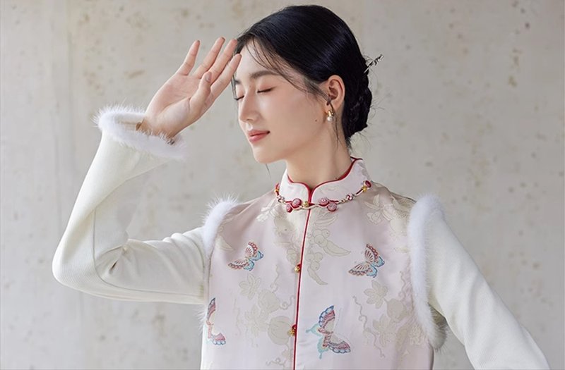 新中式中国风 拼水貂毛波浪立领提花盘扣夹棉背心 - 女装背心 - 其他材质 粉红色