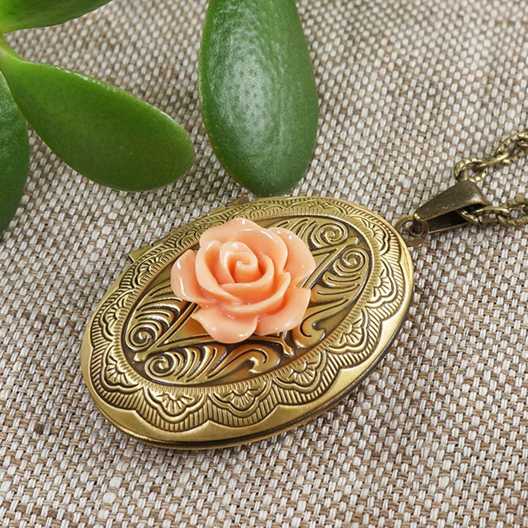Pink Rose Locket Necklace Tea Rose Flower Floral Locket Pendant Necklace Jewelry - 项链 - 其他材质 粉红色