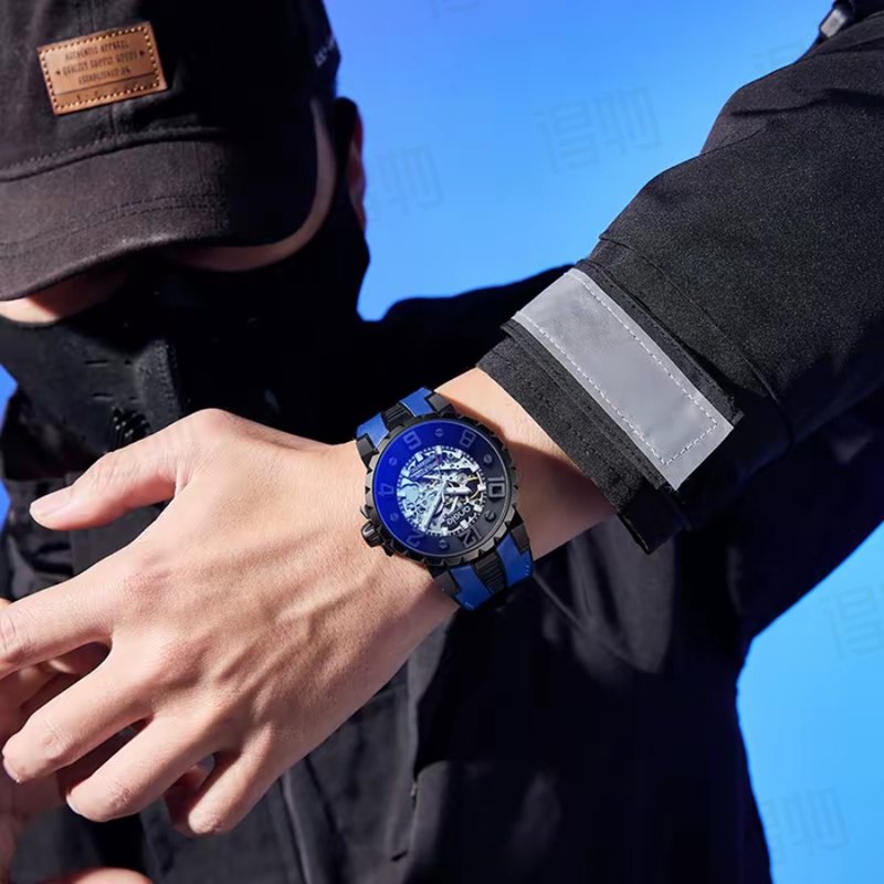 镂空律动 蓝硅胶带 蓝玻表镜 雾砂黑 - 男表/中性表 - 不锈钢 