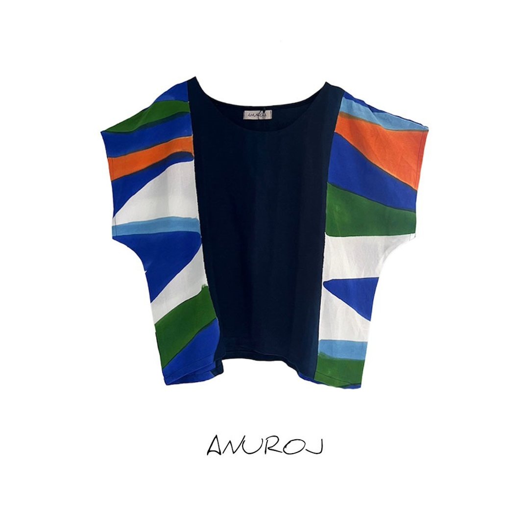 Blouse Kimono Linen Silk Hand paint For Summer Beach Vacatio - 女装上衣 - 棉 蓝色