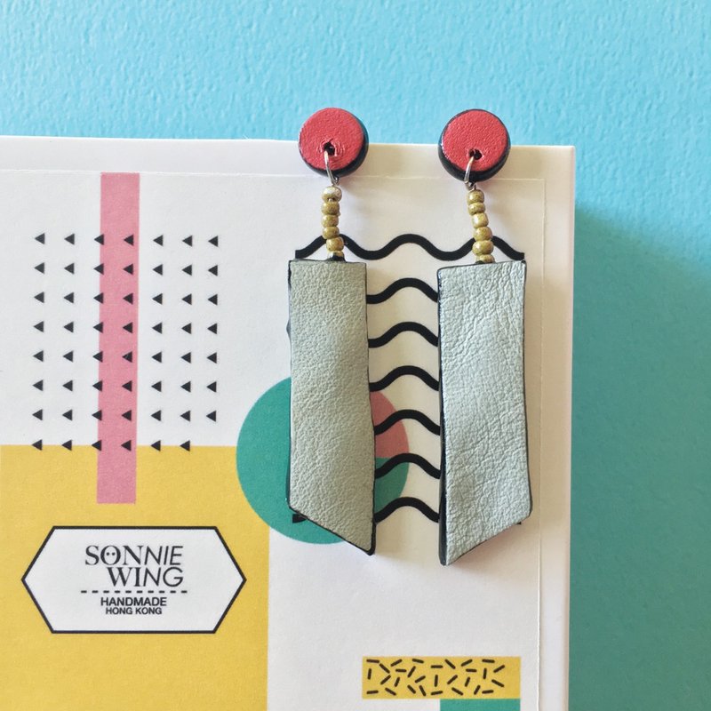 节日礼物 长形配色皮革耳环 纯银耳针 - 耳环/耳夹 - 真皮 灰色