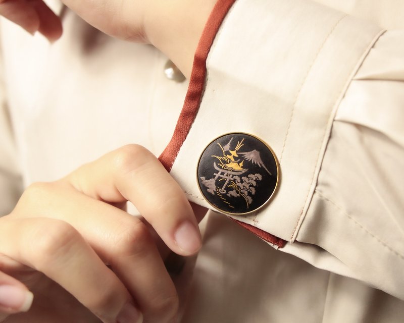 日本Amita古董象嵌 24K金/纯银镶嵌工艺 富士山与鸟居图腾 大袖扣 - 袖扣 - 贵金属 黑色