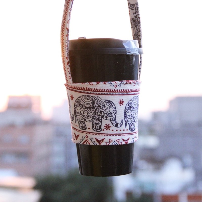 文青风环保手提袋~象左走象右走 手工双面 环保饮料袋 吸水 手摇杯 咖啡提袋 交换礼物 - 随行杯提袋/水壶袋 - 棉．麻 白色