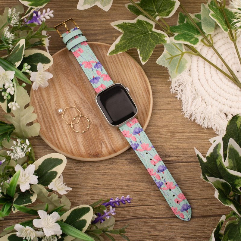 红蓝色花朵印花绿松色苹果表带Apple Watch 4/5/6/7/8/9/SE/Ultra - 表带 - 真皮 绿色