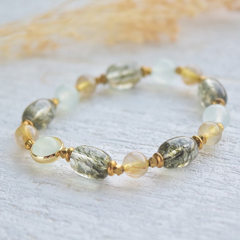 自然诗篇│绿碧玺发晶 钛晶 冰青色玉髓 铜 手链 - 手链/手环 - 水晶 绿色