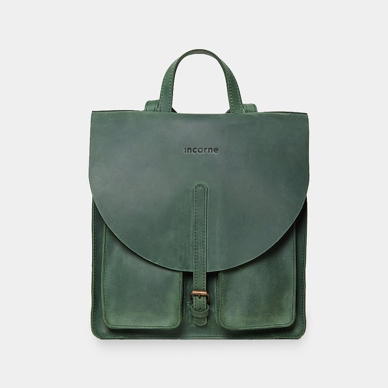 绿色皮革笔记本电脑背包——复古中性款通勤旅行双肩包 - 后背包/双肩包 - 真皮 绿色