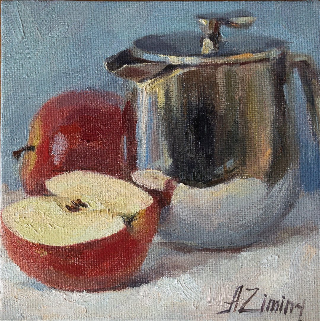 Red apple painting, fruit oil painting still life, small painting for kitchen - 海报/装饰画/版画 - 其他材质 多色