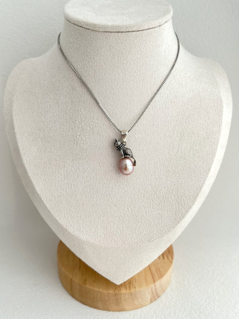 日常淡水珍珠纯银吊坠925银可调校猫主子颈链 - 项链 - 珍珠 