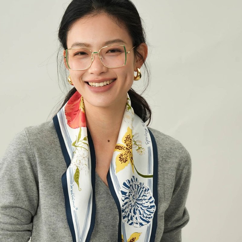 復古原創春日寫生簿真絲巾 / 菱形藍白米白多款 / 春夏百搭氣質款 - 丝巾 - 丝．绢 多色