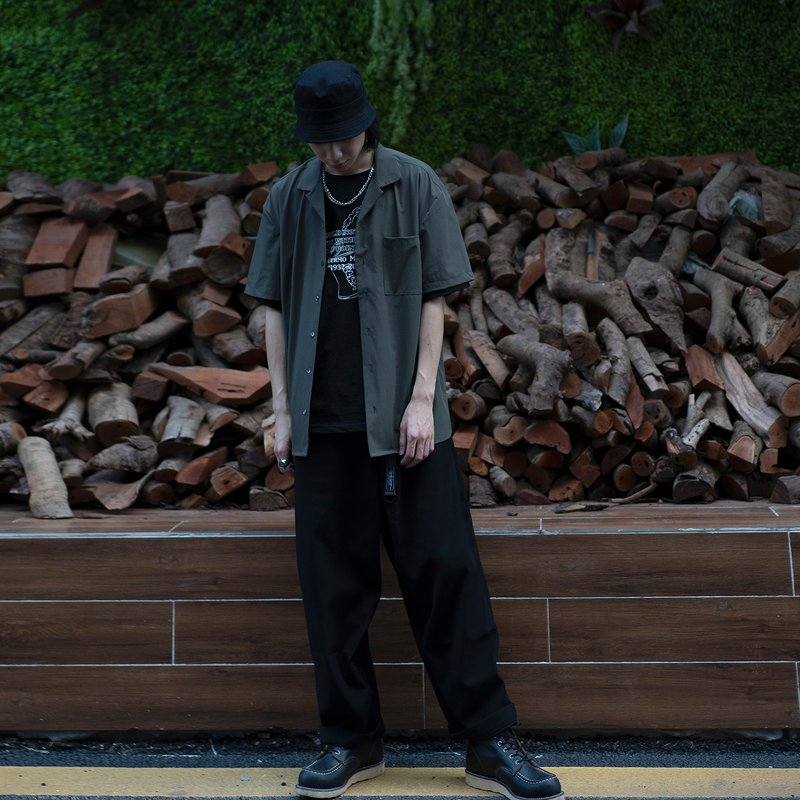 RLRM|纯色宽松古巴领衬衫/休闲短袖衬衫/夏威夷/工装/Vintage古着 - 男装衬衫 - 棉．麻 绿色