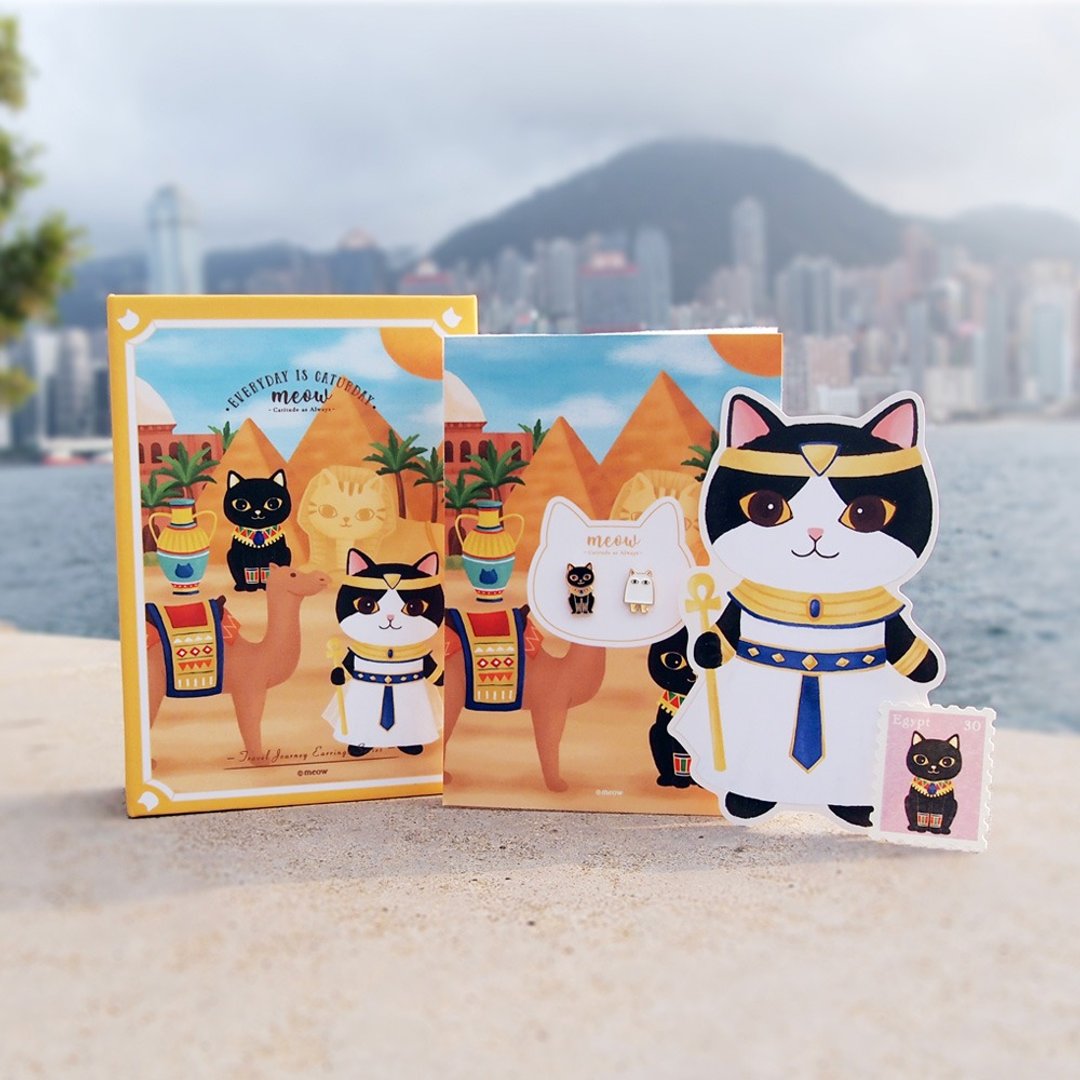 猫猫旅行游记耳环书盒套装-埃及猫咪神和梅杰德猫耳环 - 耳环/耳夹 - 珐琅 黄色
