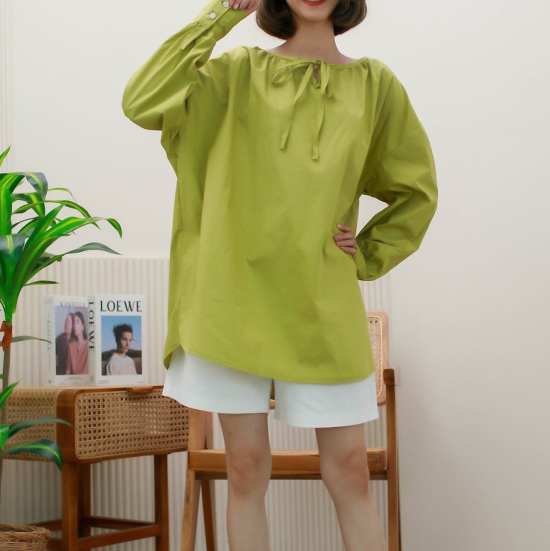 绿色休闲宽松/夏季长袖束腰外衣/女士夏季上衣 - 女装衬衫 - 棉 绿色
