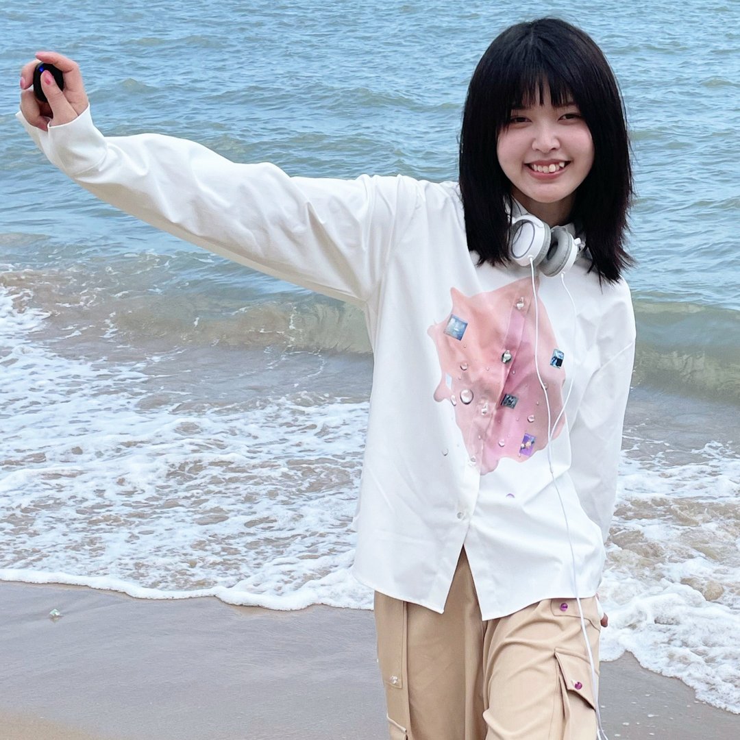海螺印花仿棉清新男友风宽松白衬衫 - 女装衬衫 - 聚酯纤维 白色
