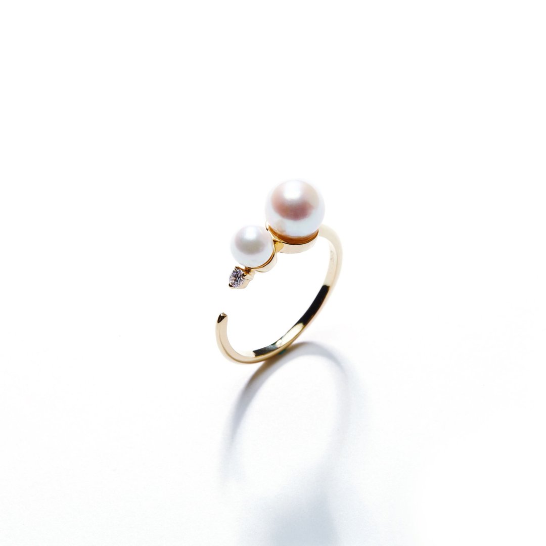 Akoya珍珠开口戒指 925银厚镀18K金 Gradual 2 Pearl Ring - 戒指 - 珍珠 金色