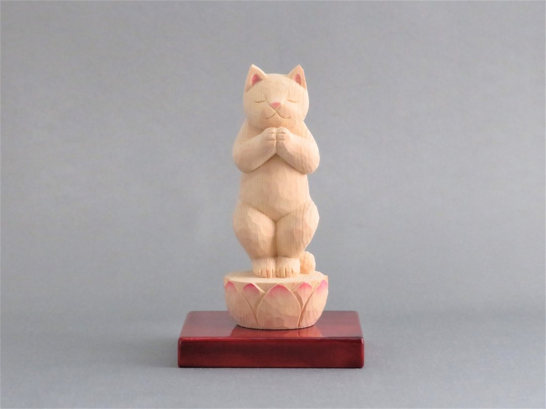 Wood carving Cat Buddha 1922 - 玩偶/公仔 - 木头 粉红色