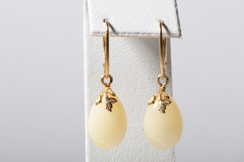 手工白琥珀耳环 -单颗宝石 - 耳环/耳夹 - 半宝石 白色