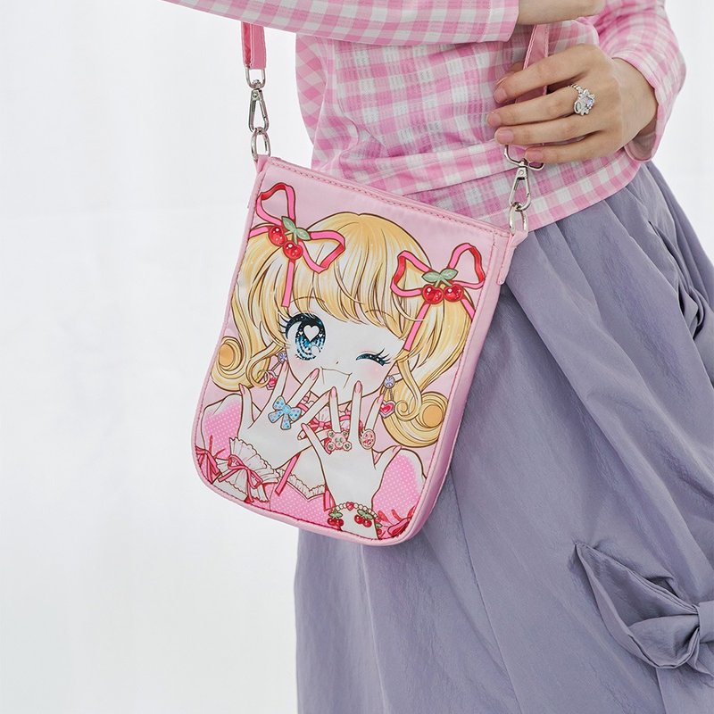 粉色缎面美少女插画斜挎小包高 - 侧背包/斜挎包 - 其他材质 粉红色