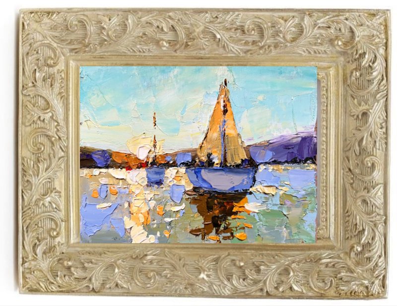 Boat Painting Seascapes Oil Painting Small Art Landscape - 墙贴/壁贴 - 其他材质 橘色