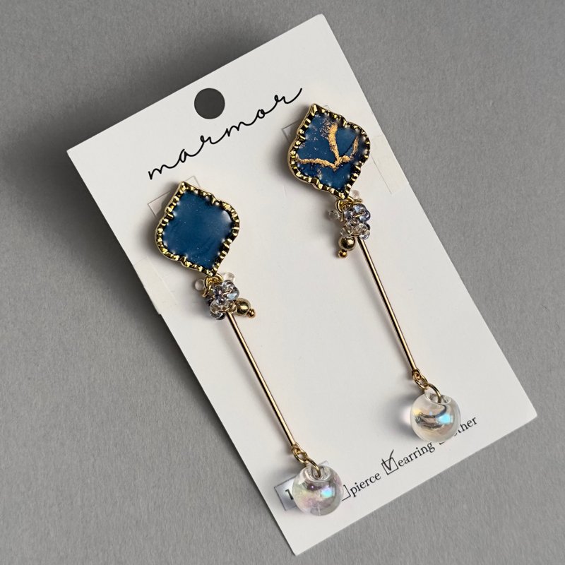 【现货一件】蓝色 酒精墨水画 长款耳环 18kgp螺旋夹式耳环 金色 蓝色 摩洛哥风 独一无二 欧若拉 - 耳环/耳夹 - 树脂 蓝色