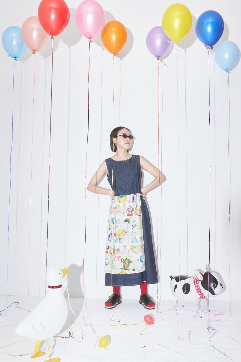 牛仔点点围裙式洋装 - 洋装/连衣裙 - 棉．麻 蓝色