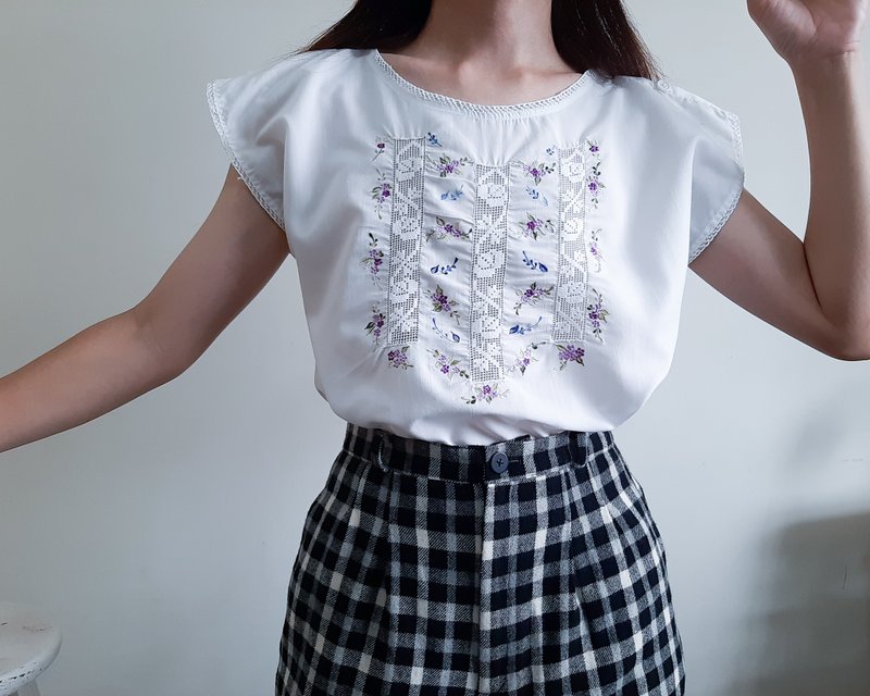 复古白色棉质刺绣衬衫手工钩编衬衫束腰上衣上衣 M 码 - 女装衬衫 - 棉．麻 白色